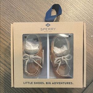 Sperry Kids Tan Moccasins with Gray Laces